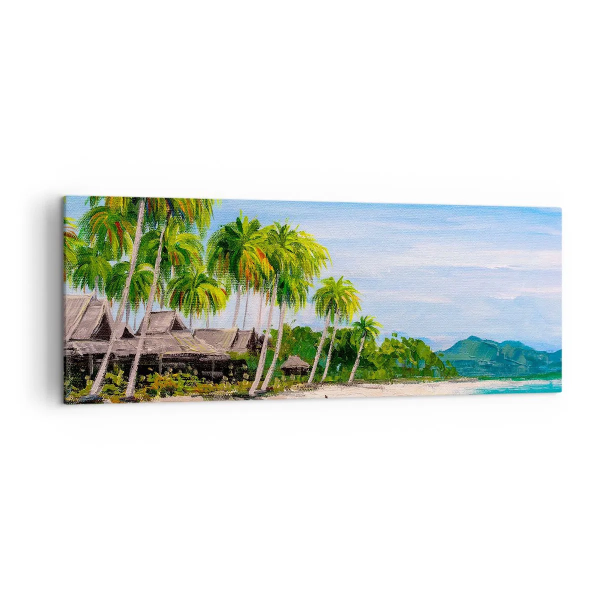Bild auf Leinwand - Leinwandbild - Ein exotischer Strand mit Palmen und einem Boot am Ufer - 140x50cm - Exotischer Traum - Moderne Wanddekoration für Wohnzimmer und Schlafzimmer ARTTOR