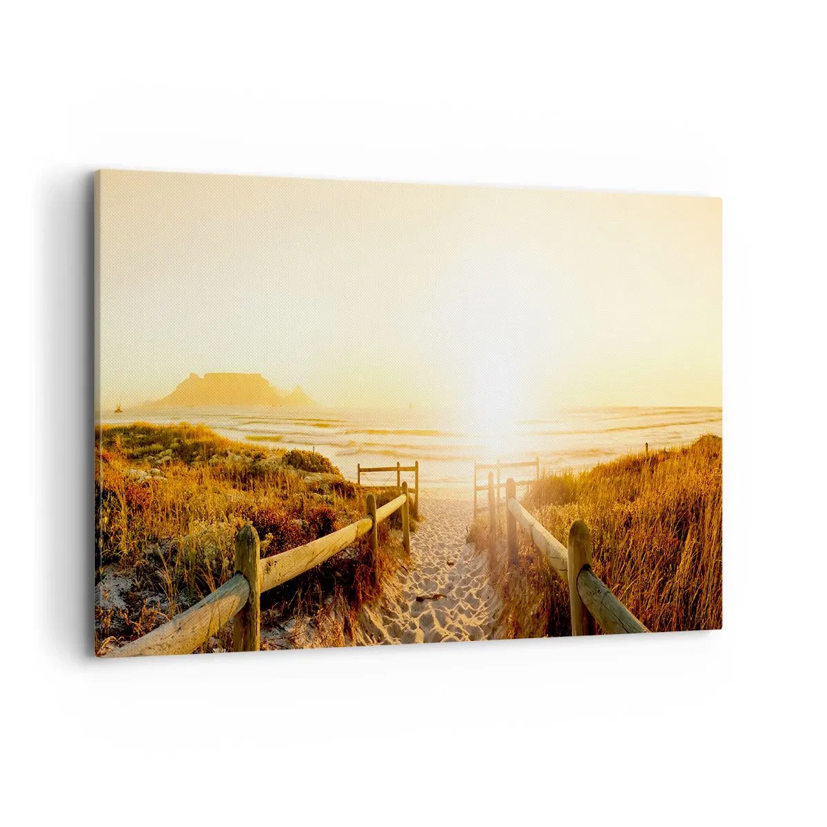 Bild auf Leinwand - Leinwandbild - Weg zum Strand bei goldenem Sonnenuntergang - 100x70cm - Über die Düne, der Sonne entgegen - Moderne Wanddekoration für Wohnzimmer und Schlafzimmer ARTTOR