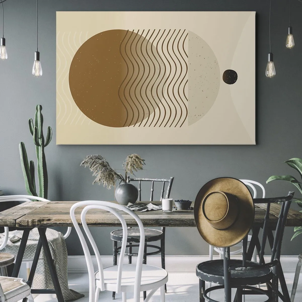 Bild auf Leinwand - Leinwandbild - Geometrische Abstraktion mit Kreisen und Wellenlinien in warmen Farben. - 100x70cm - Zur Entstehung geometrischer Figuren - Moderne Wanddekoration für Wohnzimmer und Schlafzimmer ARTTOR