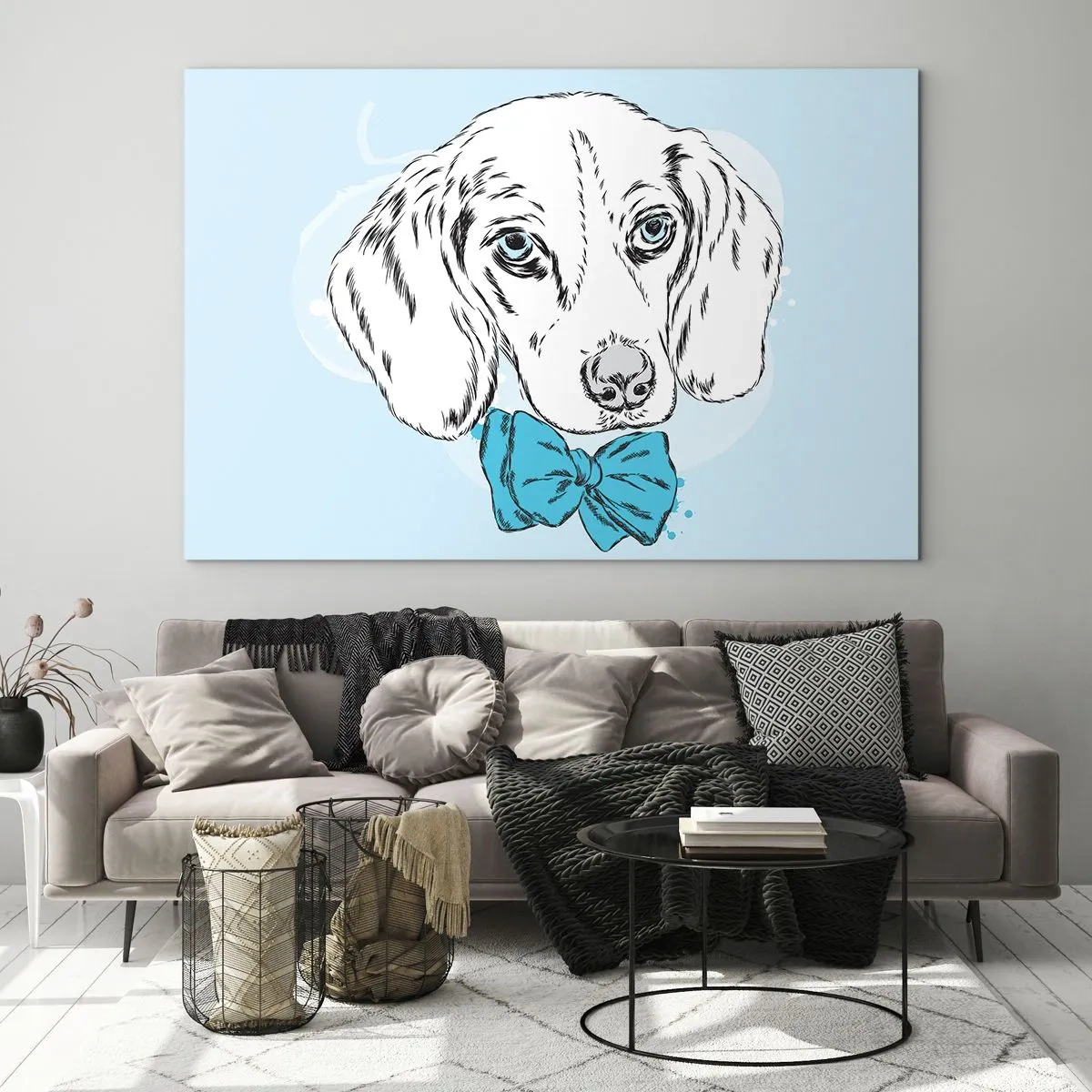 Glasbild - Bild auf glas - Zeichnung eines Hundes mit Fliege auf blauem Hintergrund - 100x70cm - Hunde-Eleganz - Moderne Wanddekoration für Wohnzimmer und Schlafzimmer ARTTOR