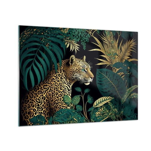 Glasbild - Bild auf glas - Ein Leopard zwischen tropischen Blättern auf dunklem Hintergrund - 70x50cm - Gastgeber im Dschungel - Moderne Wanddekoration für Wohnzimmer und Schlafzimmer ARTTOR
