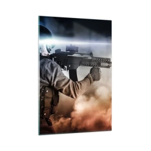 Glasbild - Bild auf glas - Ein Soldat im Einsatz mit einem Gewehr vor einem Hintergrund aus Wolken und Licht. - 80x120cm - Nur ein Held - Moderne Wanddekoration für Wohnzimmer und Schlafzimmer ARTTOR