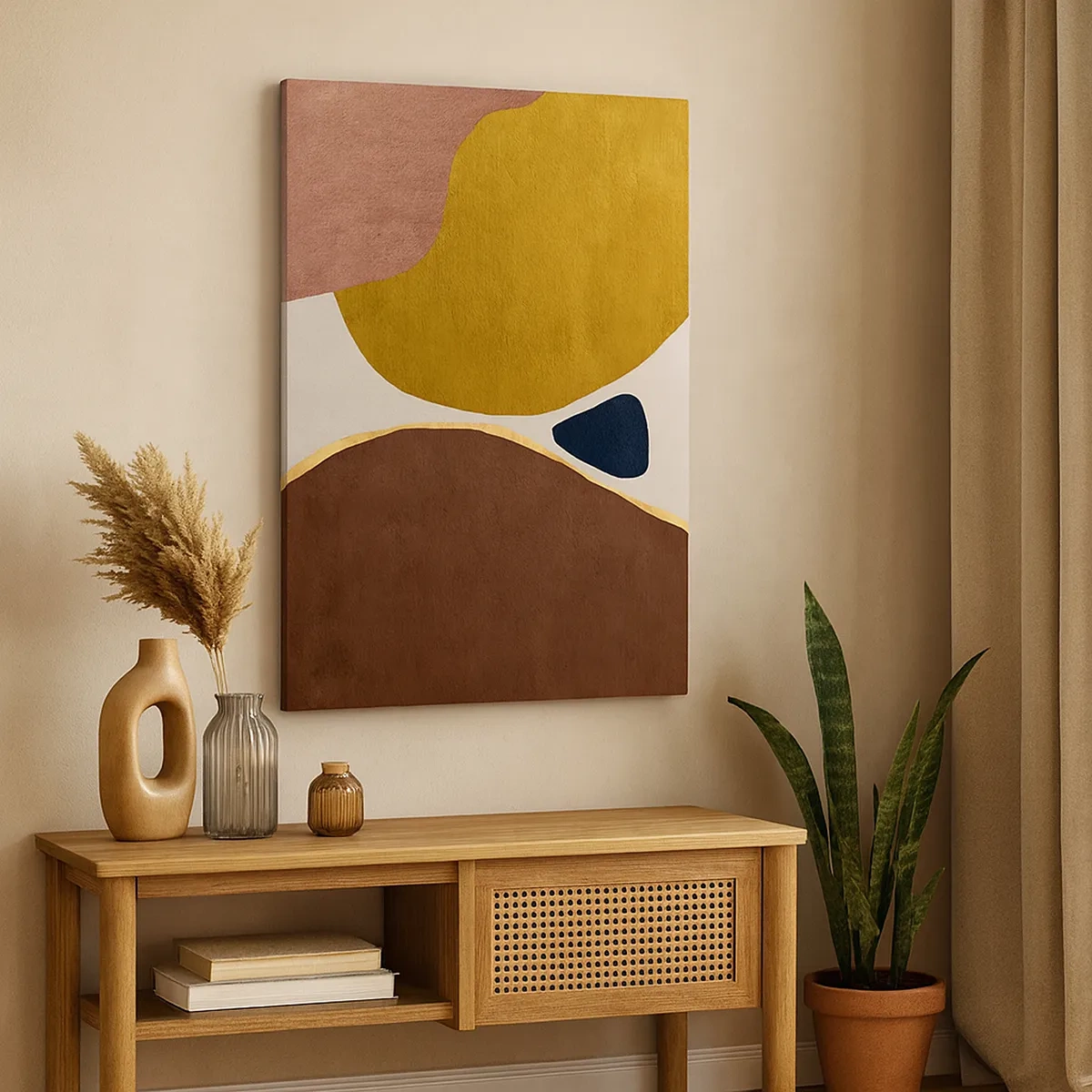 Bild auf Leinwand - Leinwandbild - Eine abstrakte Komposition mit geometrischen Formen in warmen Farben. - 50x70cm - Abstraktion – ein Ort im Raum - Moderne Wanddekoration für Wohnzimmer und Schlafzimmer ARTTOR