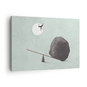 Bild auf Leinwand - Leinwandbild - Eine symbolische Szene mit einer Figur und einem Gleichgewicht vor einem hellen Himmel. - 70x50cm - Erfüllte Träume - Moderne Wanddekoration für Wohnzimmer und Schlafzimmer ARTTOR