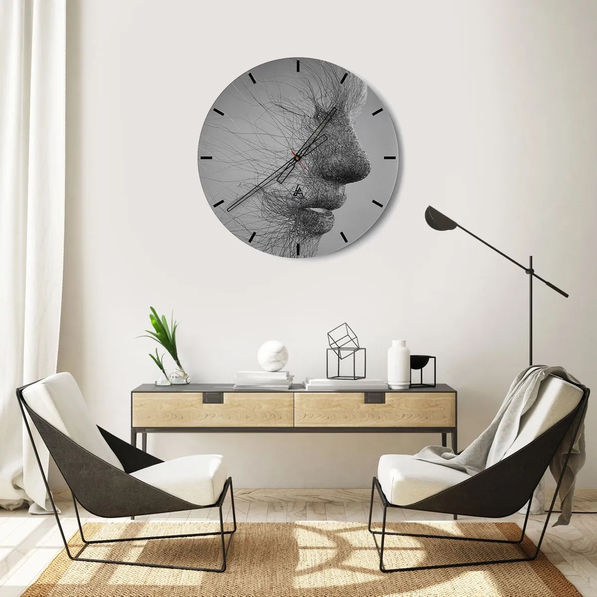 Wanduhr - Glasuhr - Abstraktes Gesicht mit dünnen Linien auf grauem Hintergrund - 30x30cm - Der Geist des Windes - Moderne Wanddekoration für Wohnzimmer, Küche und Schlafzimmer ARTTOR