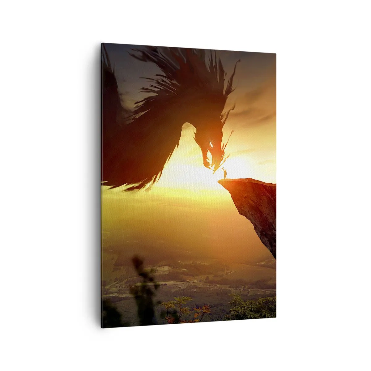 Bild auf Leinwand - Leinwandbild - Ein Drache und ein Mann auf einem Felsen im Schein der untergehenden Sonne - 70x100cm - Drachentöter - Moderne Wanddekoration für Wohnzimmer und Schlafzimmer ARTTOR