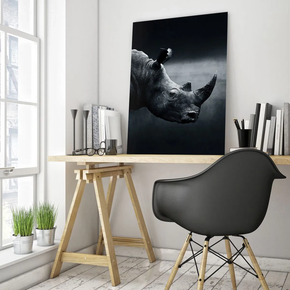 Glasbild - Bild auf glas - Schwarz-Weiß-Porträt eines Nashorns vor dunklem Hintergrund - 70x100cm - Richtiges Profil - Moderne Wanddekoration für Wohnzimmer und Schlafzimmer ARTTOR