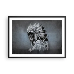 Poster in einem schwarzem Rahmen - Porträt eines Indianerhäuptlings mit traditioneller Kopfbedeckung - 70x50cm - Zurück zu den Wurzeln - Moderne Wanddekoration für Wohnzimmer und Schlafzimmer ARTTOR