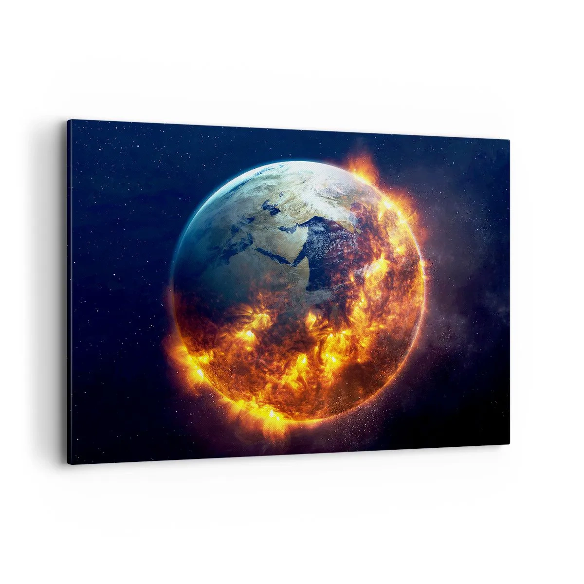 Bild auf Leinwand - Leinwandbild - Der Planet Erde brennt im Weltraum - 100x70cm - Die Flamme der Apokalypse - Moderne Wanddekoration für Wohnzimmer und Schlafzimmer ARTTOR