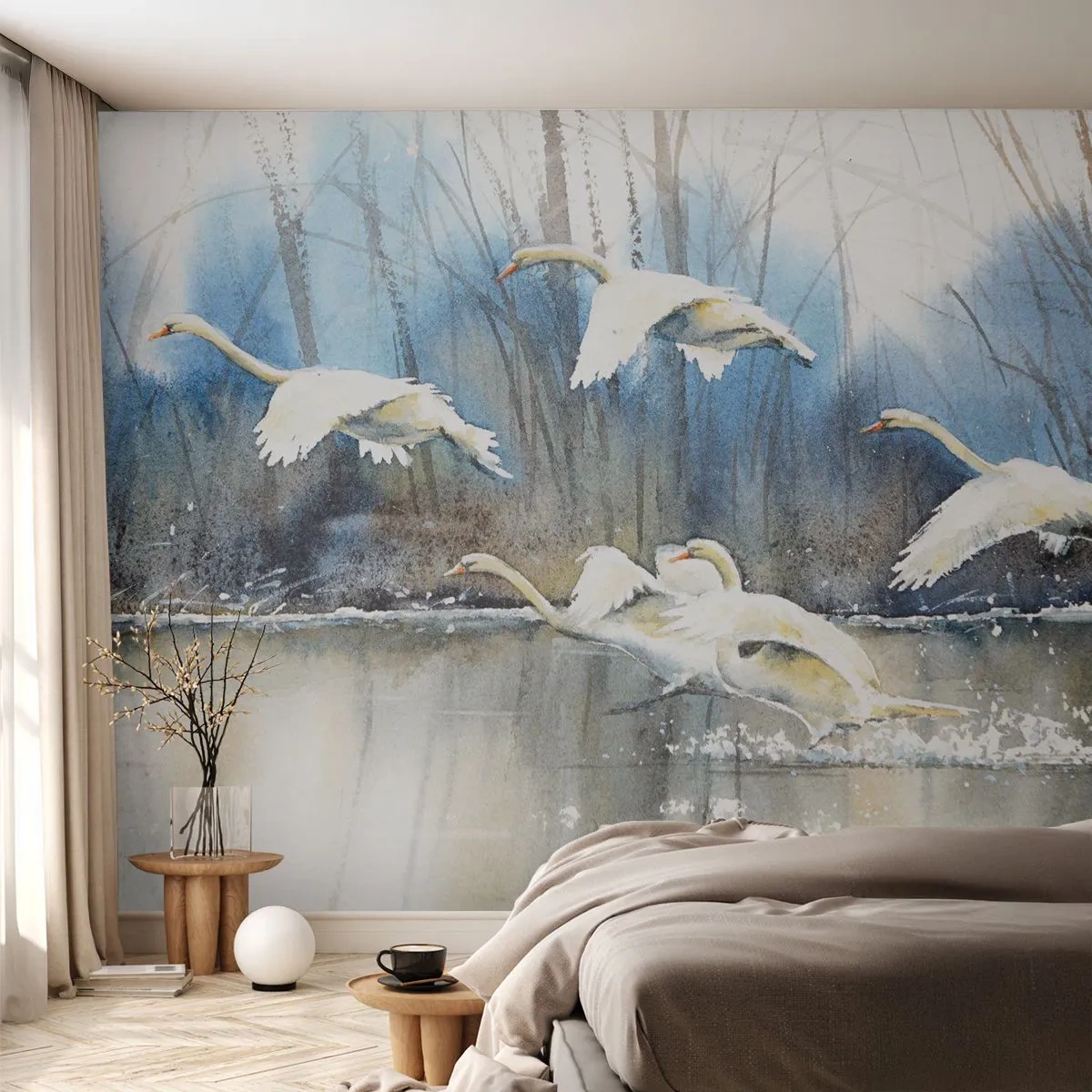 Fototapete Premium Sand - Aquarellmalerei von fliegenden Schwänen über einem zugefrorenen See - 100x70cm - Wie im Märchen von den wilden Schwänen - Moderne Wanddekoration für Wohnzimmer und Schlafzimmer ARTTOR