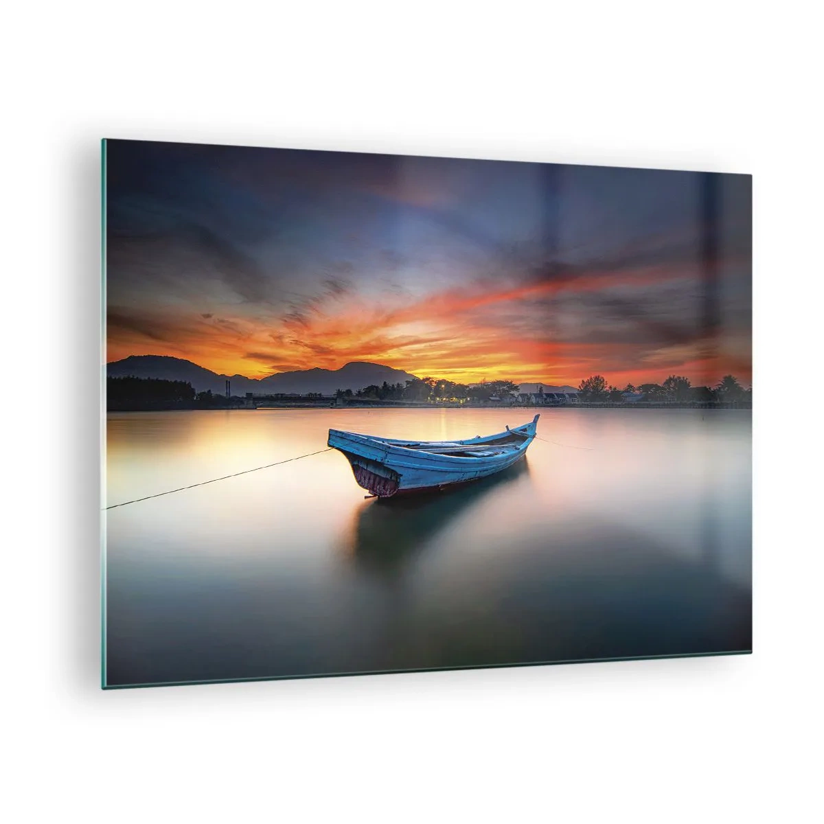 Glasbild - Bild auf glas - Holzboot auf dem See bei Sonnenuntergang - 70x50cm - Eine gute Nacht kommt - Moderne Wanddekoration für Wohnzimmer und Schlafzimmer ARTTOR