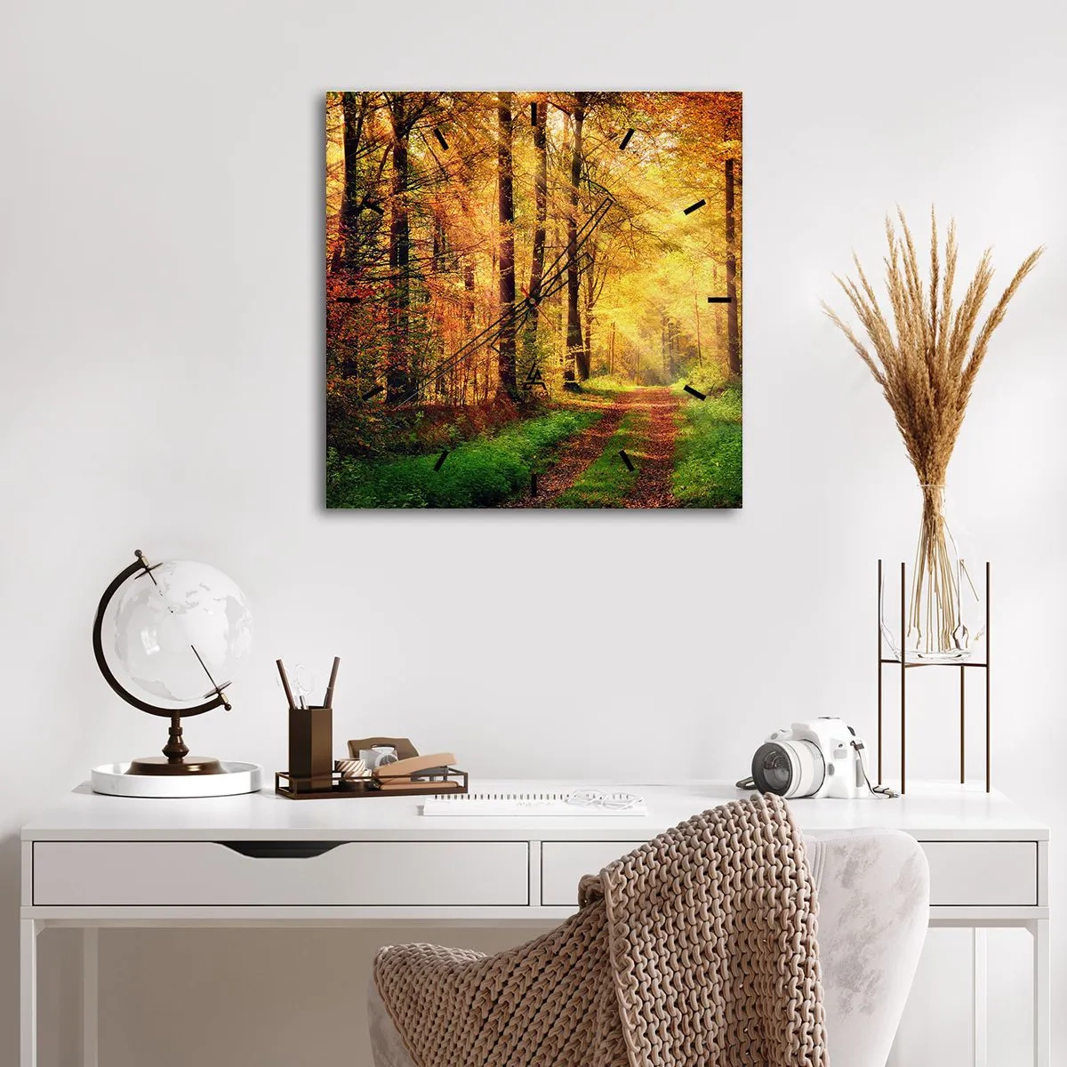 Wanduhr - Glasuhr - Waldgoldene Stille - 30x30 cm