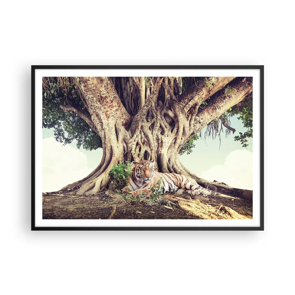 Poster in einem schwarzem Rahmen - Ein Tiger ruht unter einem ausladenden Baum - 100x70cm - Blick aus dem Buch Genesis - Moderne Wanddekoration für Wohnzimmer und Schlafzimmer ARTTOR
