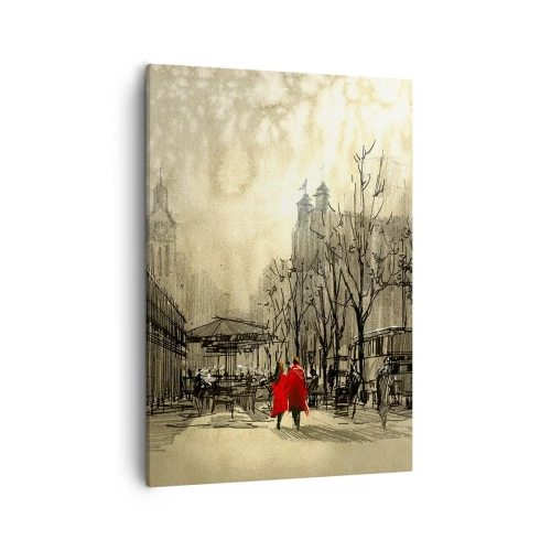 Bild auf Leinwand - Leinwandbild - Eine rote Figur in einer nostalgischen urbanen Umgebung - 50x70cm - Ein Date im Londoner Nebel - Moderne Wanddekoration für Wohnzimmer und Schlafzimmer ARTTOR