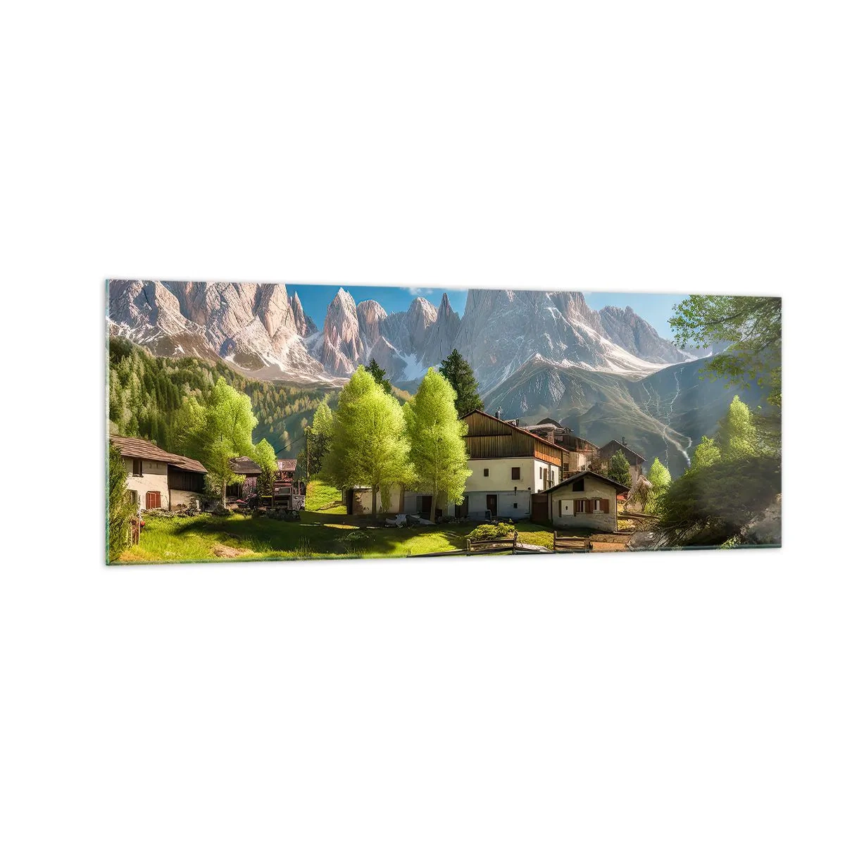 Glasbild - Bild auf glas - Ein Bergdorf mit Häusern und Blick auf die Alpen - 140x50cm - Alpenidylle - Moderne Wanddekoration für Wohnzimmer und Schlafzimmer ARTTOR