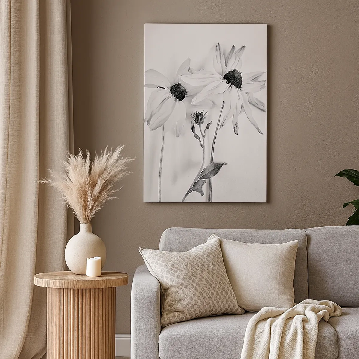 Bild auf Leinwand - Leinwandbild - Schwarz-weiße Blumen mit subtiler Komposition - 50x70cm - Niemand will allein sein - Moderne Wanddekoration für Wohnzimmer und Schlafzimmer ARTTOR