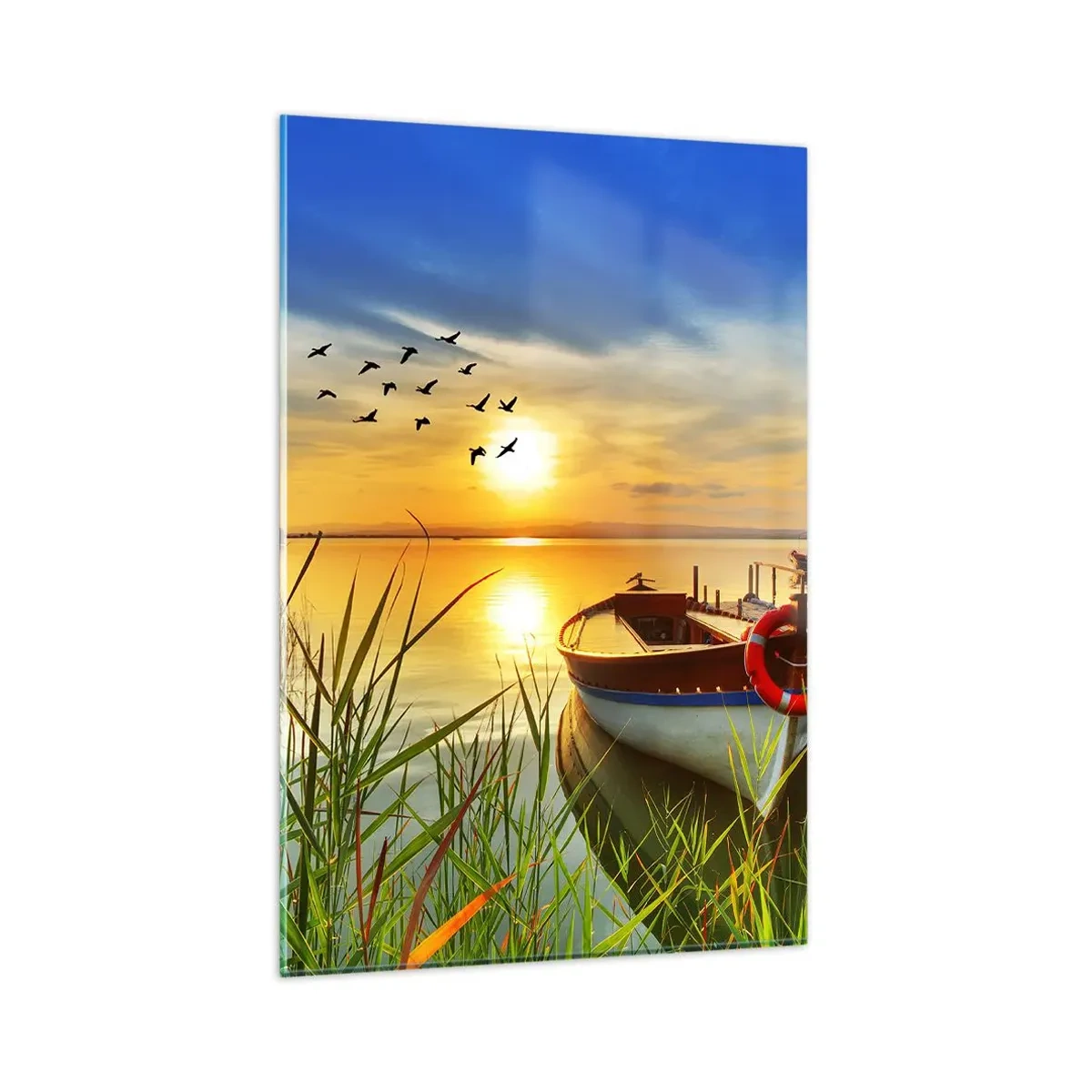 Glasbild - Bild auf glas - Ein Boot am Ufer eines Sees bei Sonnenuntergang - 80x120cm - Die Kormorane fliegen schon weg - Moderne Wanddekoration für Wohnzimmer und Schlafzimmer ARTTOR