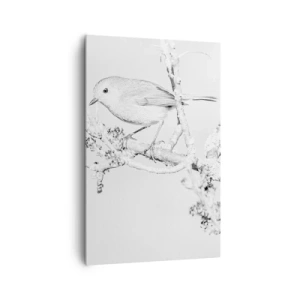 Bild auf Leinwand - Leinwandbild - Vogel auf einem Ast in Schwarz-Weiß im minimalistischen Stil - 80x120cm - Wintermorgen - Moderne Wanddekoration für Wohnzimmer und Schlafzimmer ARTTOR
