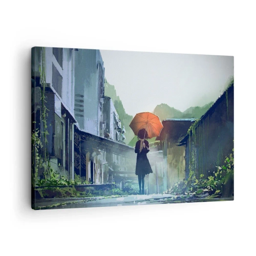 Bild auf Leinwand - Leinwandbild - Eine Figur mit einem Regenschirm in einer verregneten Stadt - 70x50cm - Belebender Regen - Moderne Wanddekoration für Wohnzimmer und Schlafzimmer ARTTOR