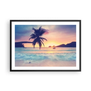 Poster in einem schwarzem Rahmen - Strand mit Palmen und Sonnenuntergang über dem Meer - 70x50cm - Ein Abend in der Bucht - Moderne Wanddekoration für Wohnzimmer und Schlafzimmer ARTTOR