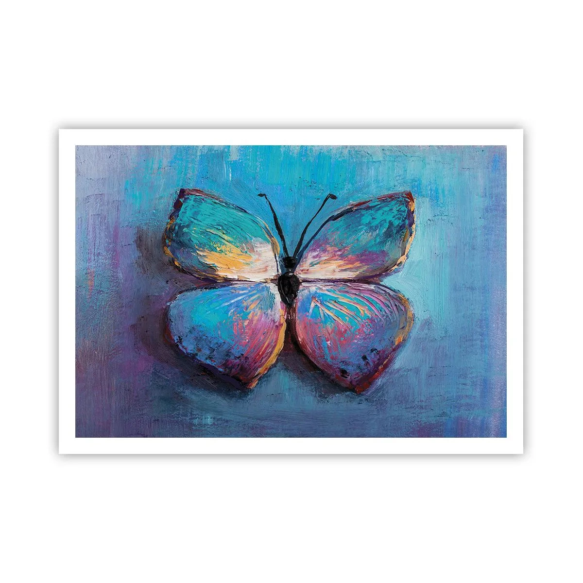 Poster - Bunter Schmetterling auf blauem Hintergrund - 100x70cm - In all seiner Pracht - Moderne Wanddekoration für Wohnzimmer und Schlafzimmer ARTTOR