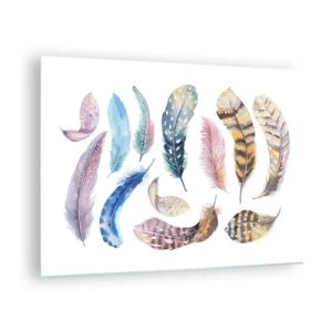 Glasbild - Bild auf glas - Bunte Federn im künstlerischen Stil auf weißem Hintergrund - 70x50cm - Hell, bunt und bunt - Moderne Wanddekoration für Wohnzimmer und Schlafzimmer ARTTOR