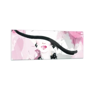 Glasbild - Bild auf glas - Eine elegante Frau mit Hut vor einem Hintergrund aus rosa Abstraktionen. - 140x50cm - Bildnis einer Dame in Schwarz und Pink - Moderne Wanddekoration für Wohnzimmer und Schlafzimmer ARTTOR