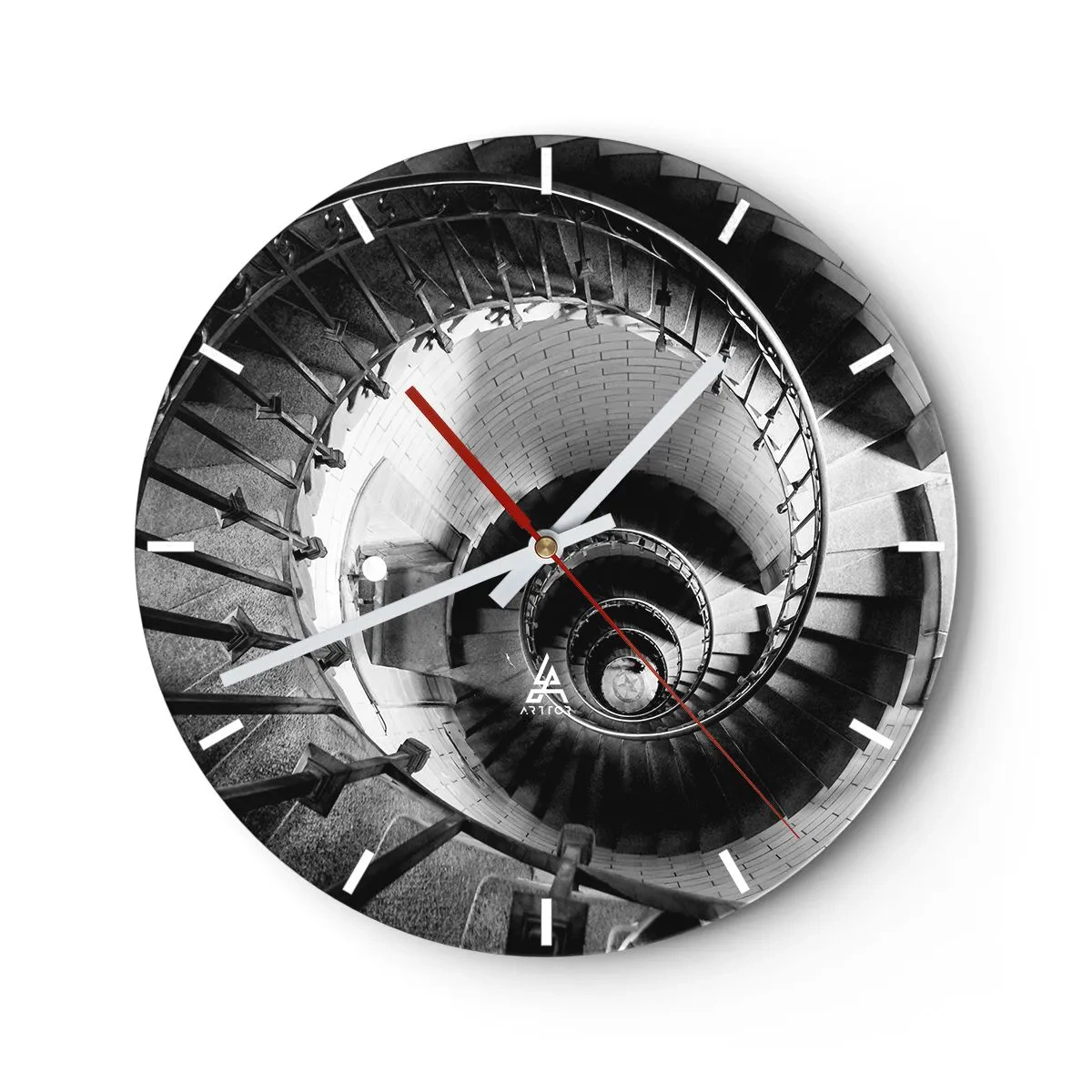 Wanduhr - Glasuhr - Schwarz-weiße Wendeltreppe von oben gesehen - 30x30cm - Höher und höher - Moderne Wanddekoration für Wohnzimmer, Küche und Schlafzimmer ARTTOR