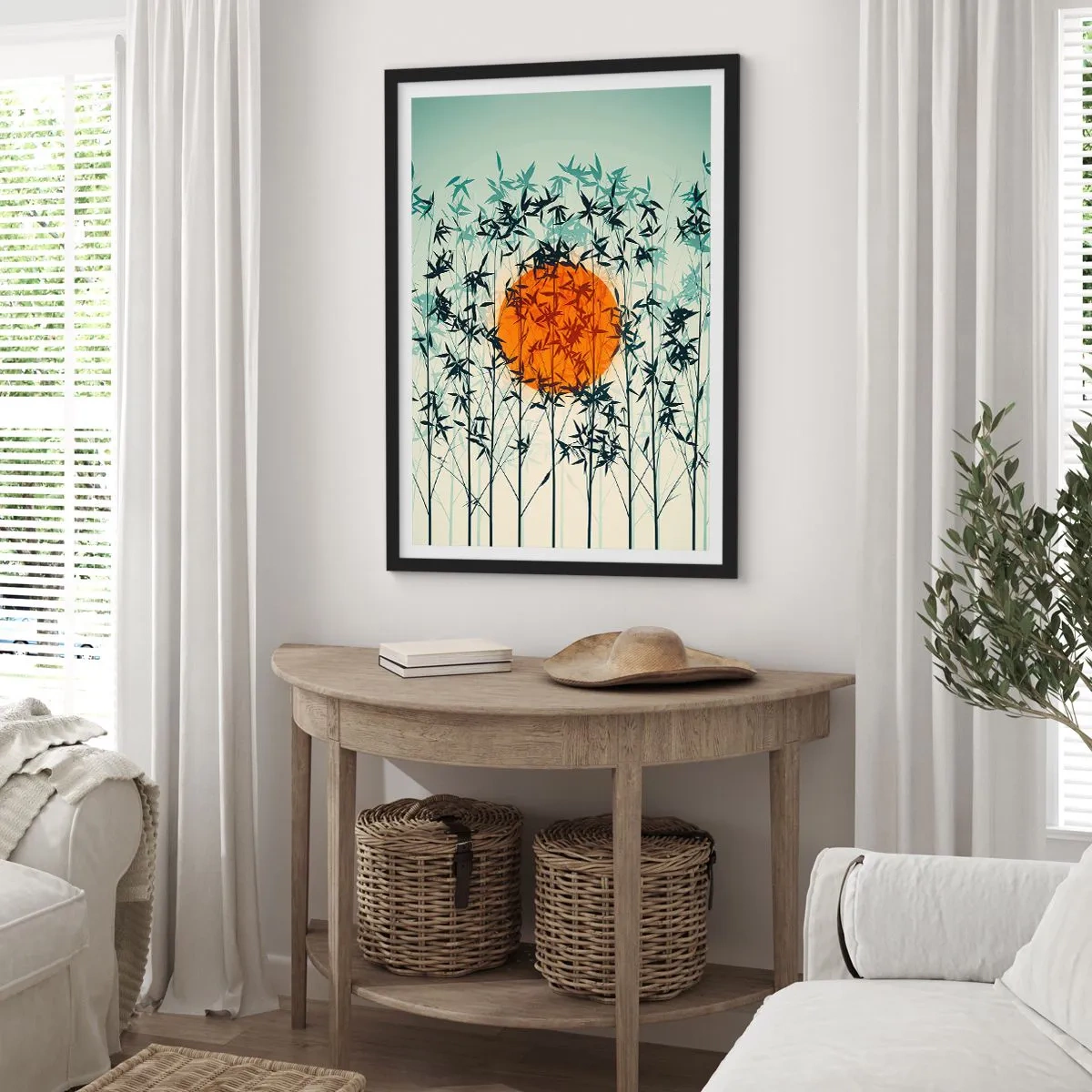 Poster in einem schwarzem Rahmen - Die Sonne hinter den Bambuszweigen - 50x70cm - Japanische Sonne - Moderne Wanddekoration für Wohnzimmer und Schlafzimmer ARTTOR