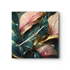 Wanduhr - Glasuhr - Elegante Blätter in Grün, Gold und Pink - 30x30cm - Natürliche Eleganz und Stil - Moderne Wanddekoration für Wohnzimmer und Schlafzimmer ARTTOR