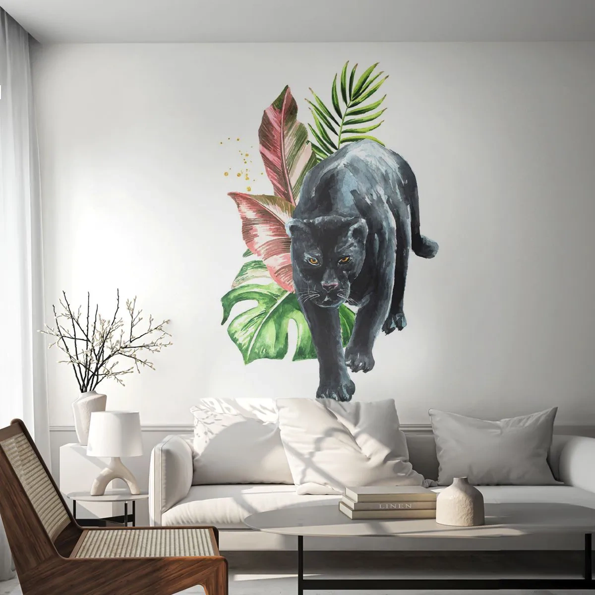 Fototapete Premium Sand - Schwarzer Panther zwischen tropischen Blättern - 100x70cm - Wildheit des Herzens - Moderne Wanddekoration für Wohnzimmer und Schlafzimmer ARTTOR