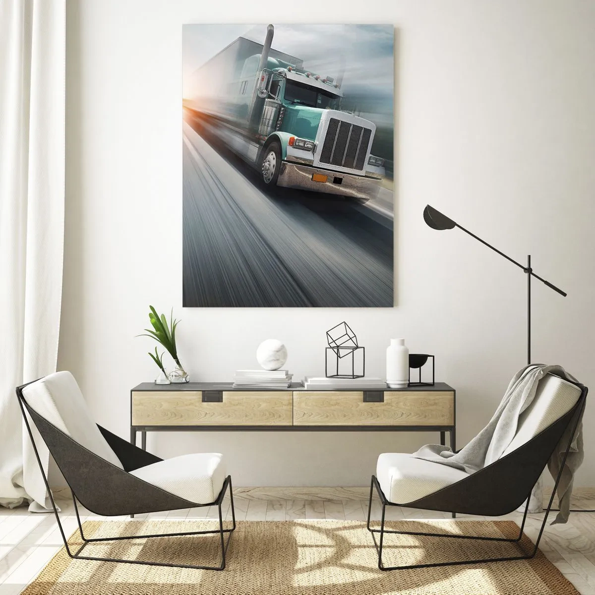 Glasbild - Bild auf glas - LKW auf der Autobahn bei Sonnenuntergang - 50x70cm - Der amerikanische Riese in Eile - Moderne Wanddekoration für Wohnzimmer und Schlafzimmer ARTTOR