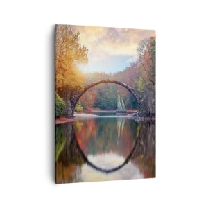 Bild auf Leinwand - Leinwandbild - Eine Steinbrücke in einer Herbstlandschaft über ruhigem Wasser - 50x70cm - Auf der anderen Seite des Spiegels - Moderne Wanddekoration für Wohnzimmer und Schlafzimmer ARTTOR