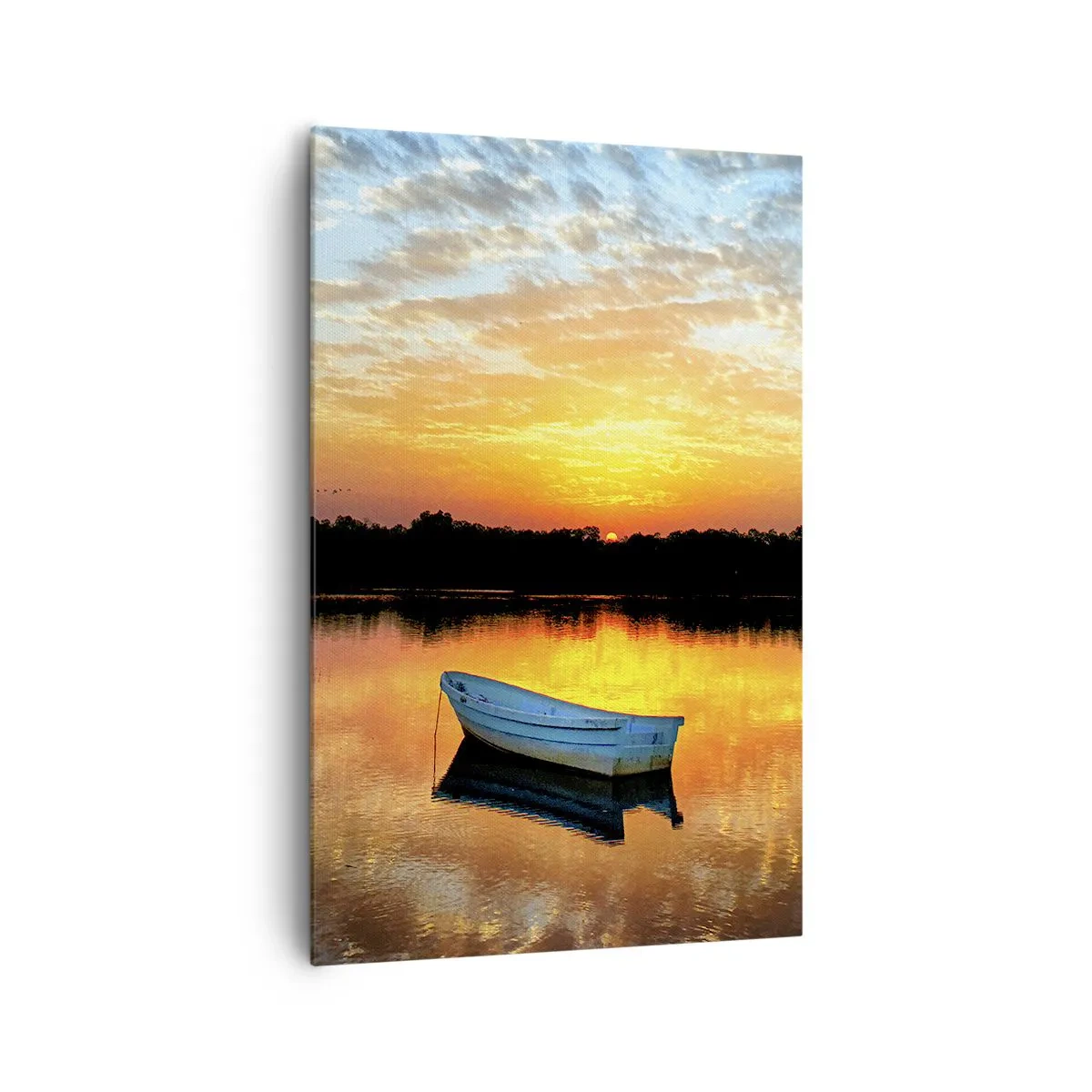 Bild auf Leinwand - Leinwandbild - Ein Boot auf einem ruhigen See bei Sonnenuntergang - 80x120cm - Schauen, hören, meditieren - Moderne Wanddekoration für Wohnzimmer und Schlafzimmer ARTTOR