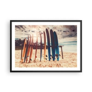 Poster in einem schwarzem Rahmen - Surfbretter am Strand bei Sonnenuntergang - 70x50cm - Gute Nacht bis morgen - Moderne Wanddekoration für Wohnzimmer und Schlafzimmer ARTTOR