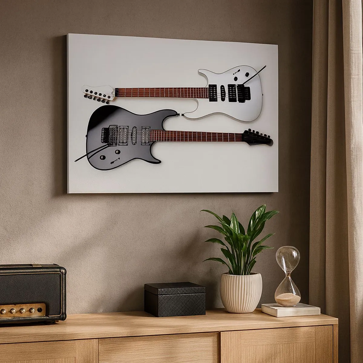 Bild auf Leinwand - Leinwandbild - Zwei E-Gitarren in Schwarz und Weiß auf hellem Hintergrund. - 70x50cm - Harmonie der Formen - Moderne Wanddekoration für Wohnzimmer und Schlafzimmer ARTTOR