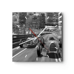 Wanduhr - Glasuhr - Monochrome Retro-Autorennen-Szene - 30x30cm - Vor langer Zeit in Monte Carlo - Moderne Wanddekoration für Wohnzimmer und Schlafzimmer ARTTOR
