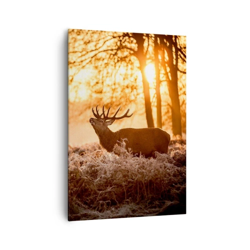 Bild auf Leinwand - Leinwandbild - Zwei Hirsche bei Sonnenuntergang in einer Winterlandschaft - 70x100cm - Der Traum eines Jägers - Moderne Wanddekoration für Wohnzimmer und Schlafzimmer ARTTOR