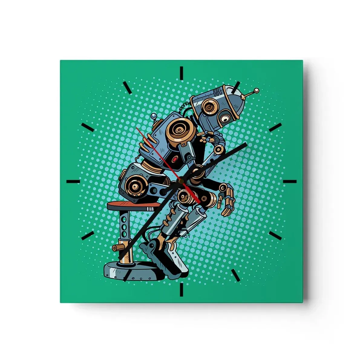 Wanduhr - Glasuhr - Denkerroboter im Pop-Art-Stil auf grünem Hintergrund - 30x30cm - Über der Essenz des Seins - Moderne Wanddekoration für Wohnzimmer und Schlafzimmer ARTTOR
