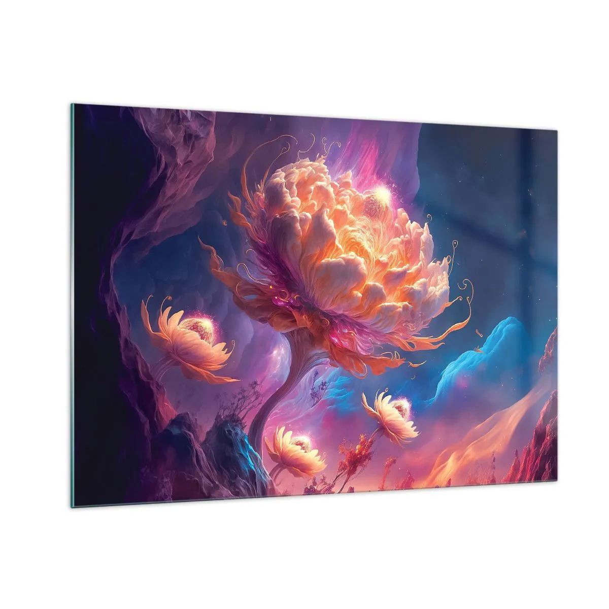 Glasbild - Bild auf glas - Eine fantastische Blume, die in einer kosmischen Umgebung schwebt - 100x70cm - Andere Welt - Moderne Wanddekoration für Wohnzimmer und Schlafzimmer ARTTOR