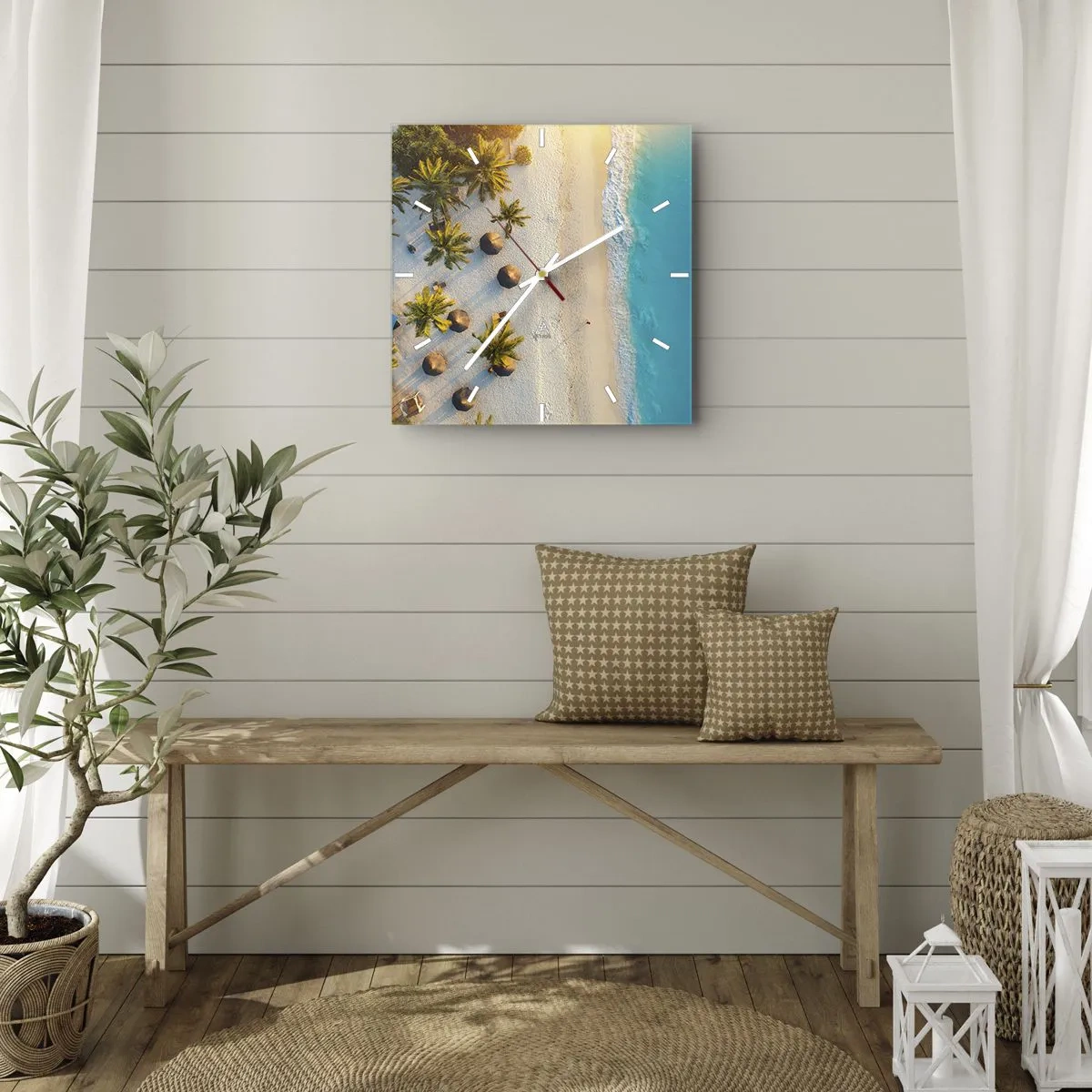 Wanduhr - Glasuhr - Blick auf einen tropischen Strand mit Palmen und türkisfarbenem Meer - 30x30cm - Willkommen im Paradies - Moderne Wanddekoration für Wohnzimmer und Schlafzimmer ARTTOR