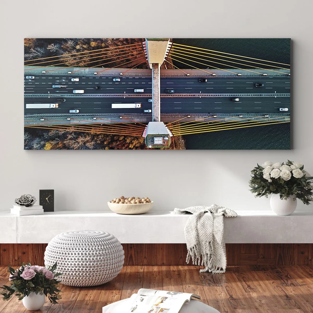 Bild auf Leinwand - Leinwandbild - Luftaufnahme der Brücke über den Fluss und der Herbstlandschaft - 160x50cm - Jenseits der Gewässer, jenseits der Wälder - Moderne Wanddekoration für Wohnzimmer und Schlafzimmer ARTTOR