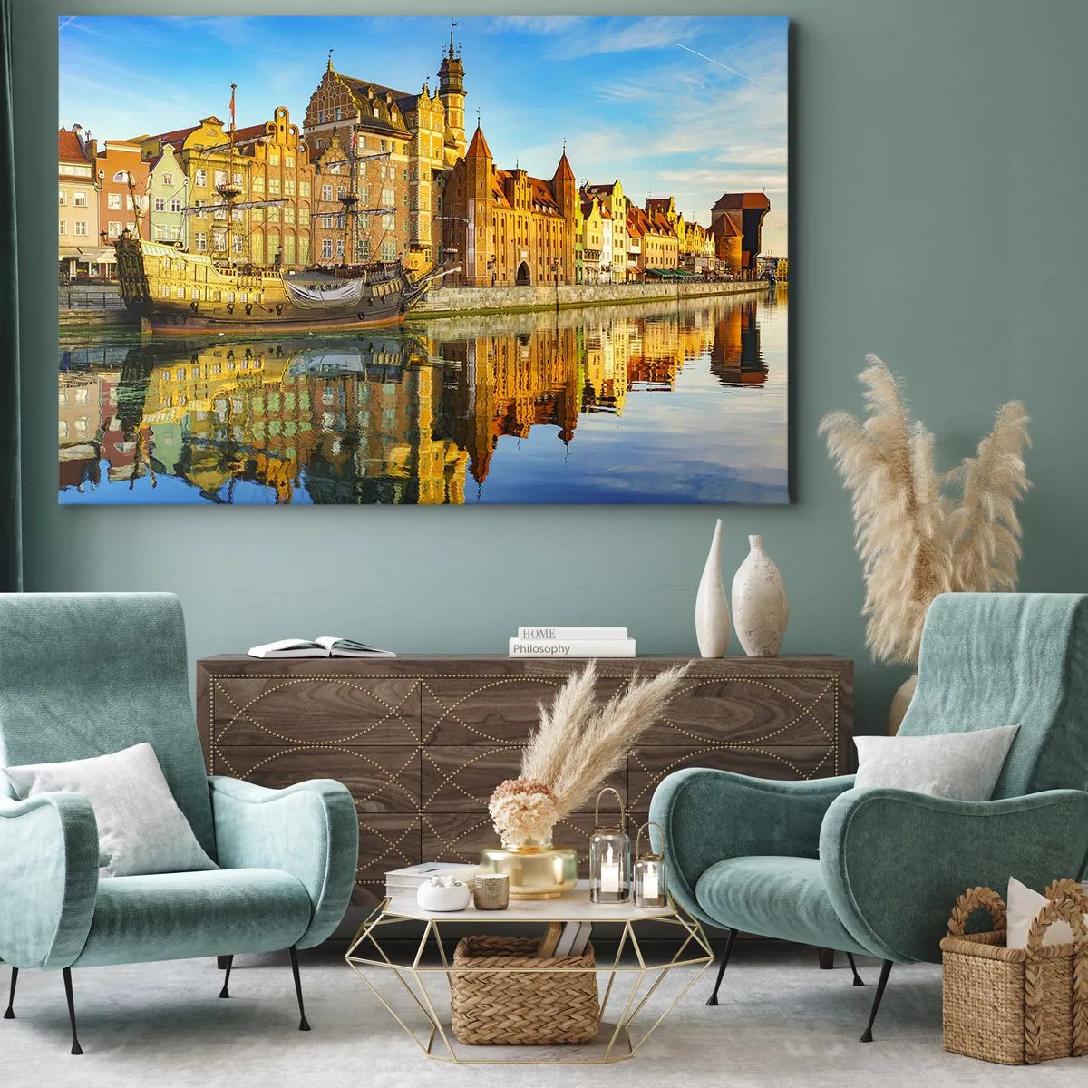 Bild auf Leinwand - Leinwandbild - Ein malerischer Blick auf die Altstadt mit einem Segelschiff und Wasser - 120x80cm - Ein Spiegelbild der Vergangenheit - Moderne Wanddekoration für Wohnzimmer und Schlafzimmer ARTTOR