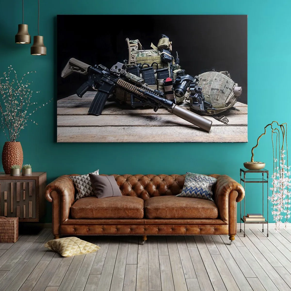 Bild auf Leinwand - Leinwandbild - Taktische Ausrüstung mit einem Gewehr auf einem Holztisch - 100x70cm - Sich ausruhen! - Moderne Wanddekoration für Wohnzimmer und Schlafzimmer ARTTOR