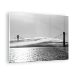 Glasbild - Bild auf glas - Eine Brücke in Schwarzweiß mit Nebel über dem Wasser - 70x50cm - Segeln durch das Goldene Tor - Moderne Wanddekoration für Wohnzimmer und Schlafzimmer ARTTOR