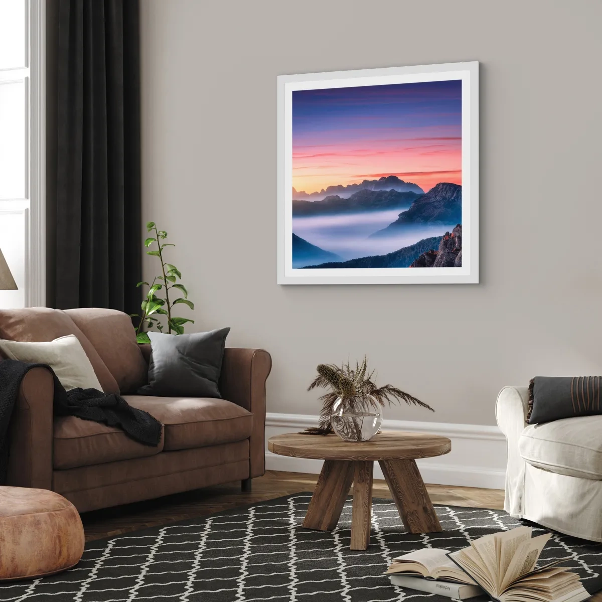 Poster in einem weißen Rahmen - Über die Täler - 30x30 cm