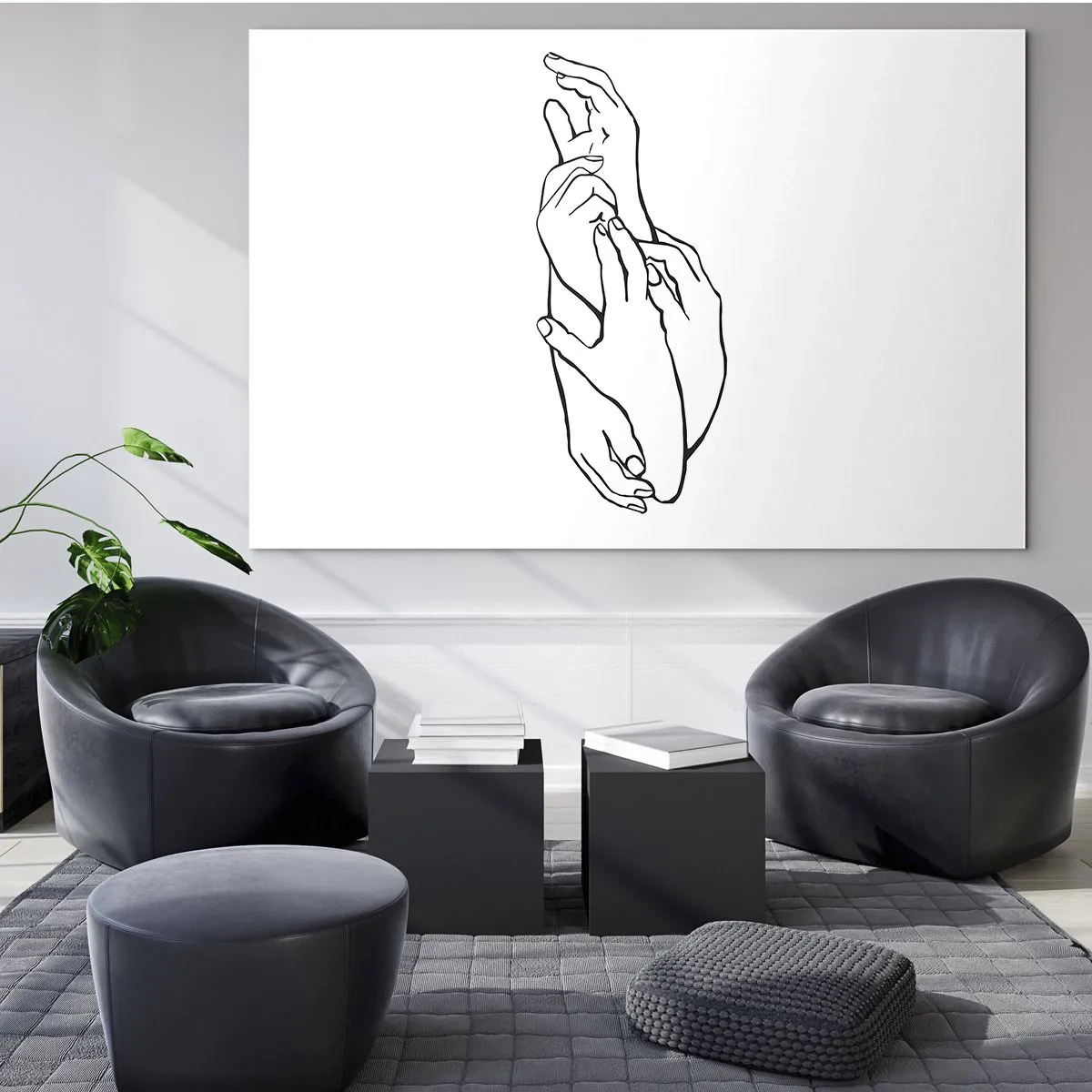 Glasbild - Bild auf glas - Eine subtile lineare Zeichnung gefalteter Hände auf weißem Hintergrund. - 70x50cm - Gute Geste - Moderne Wanddekoration für Wohnzimmer und Schlafzimmer ARTTOR