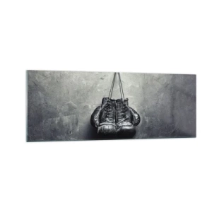 Glasbild - Bild auf glas - Alte Boxhandschuhe an der Wand - 140x50cm - Zeit des Kampfes und Zeit des Friedens - Moderne Wanddekoration für Wohnzimmer und Schlafzimmer ARTTOR