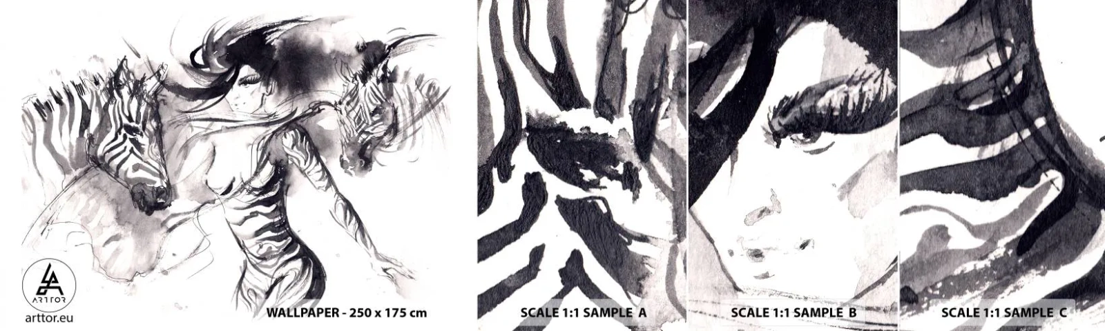 Fototapetenmuster Standard Eco - Tanzen mit den Zebras - Abstraktion, Frau, Rippen - 100x30 cm