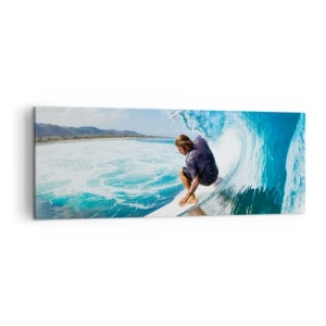 Bild auf Leinwand - Leinwandbild - Ein Surfer in dynamischer Pose auf einer Welle im türkisfarbenen Wasser. - 140x50cm - Tanzen mit den Wellen - Moderne Wanddekoration für Wohnzimmer und Schlafzimmer ARTTOR